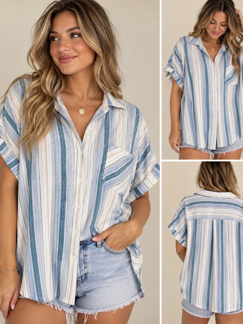 CURE Blue Striped Button Down Shirt Women’s 2XL Coastal Oversized Blouse